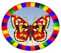 Stained glass illustration with bright red butterfly on a sky background, oval picture in a bright frame Royalty Free Stock Photo