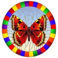 Stained glass illustration with bright red butterfly on a sky background, oval picture in a bright frame Royalty Free Stock Photo