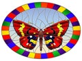 Stained glass illustration with bright red butterfly on a sky background, oval picture in a bright frame Royalty Free Stock Photo