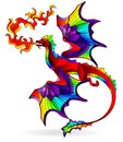 Illustration in Stained glass stile with a bright red winged dragon, figure isolated on a white background