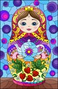 Stained glass illustration with a bright Russian doll on a blue background