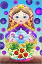 Stained glass illustration with a bright Russian doll on a blue background