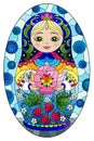 Stained glass illustration with a bright Russian doll on a blue background, oval image