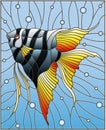 Stained glass illustration with bright scalar fish on the background of water and air bubbles