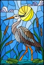 Stained glass illustration with brown heron , reeds on a pond in the sun, sky and clouds and sun