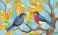 Stained glass illustration with bullfinches sitting on branch of oak , the picture on the theme of autumn