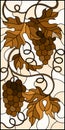 Stained glass illustration with a bunch of grapes and leaves ,brown tone, Sepia