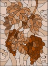 Stained glass illustration with a bunch of grapes and leaves ,brown tone, Sepia