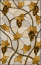 Stained glass illustration with a bunches of grapes and leaves ,brown tone, sepia