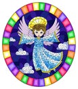 Stained glass illustration with cartoon angel in blue dress against the cloudy sky,round image in bright frame