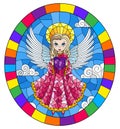 Stained glass illustration with cartoon angel in pink dress with heart in hands against the cloudy sky,round image in bright fram