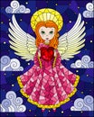 Stained glass illustration with cartoon  angel in pink dress with heart in hands against the cloudy sky with stars Royalty Free Stock Photo