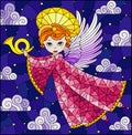 Stained glass illustration with cartoon angel in pink robe playing the horn against the starry sky
