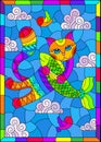 Stained glass illustration with a cartoon cat hugging a fish against a cloudy sky, a rectangular image in a bright frame Royalty Free Stock Photo