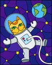 Stained glass illustration with cartoon funny cat astronaut on the background of the cosmos, stars and earth