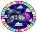 Stained glass illustration with  illustration of a cartoon grey cat hugging a ball of pink yarn on the background of night sky and Royalty Free Stock Photo