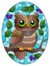 Stained glass illustration with cartoon owl against a blue sky and berries, in a bright frame, oval image Royalty Free Stock Photo