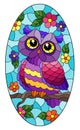 Stained glass illustration with cartoon owl against a blue sky and flowers, in a bright frame, oval image Royalty Free Stock Photo