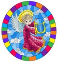 Stained glass illustration with cartoon in pink dress angel playing the harp against the cloudy sky,, round image in bright frame