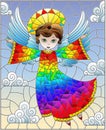 Stained glass illustration with cartoon rainbow angel against the cloudy sky