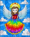 Stained glass illustration with cartoon rainbow angel with heart in hands against the cloudy sky