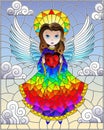 Stained glass illustration with cartoon rainbow angel with heart in hands against the cloudy sky