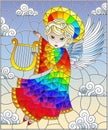 Stained glass illustration with cartoon rainbow angel playing the harp against the cloudy sky