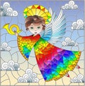 Stained glass illustration with cartoon rainbow angel playing the horn against the cloudy sky