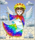 Stained glass illustration with cartoon rainbow angel with scroll in hands against the cloudy sky