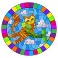 Stained glass illustration with a cartoon red cat hugging a fish on the background of sky and clouds, round image in bright frame Royalty Free Stock Photo