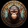 Stained glass illustration of a chimpanzee portrait in stained glass mosaic