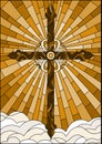 Stained glass illustration with the Christian cross on a background of sky and clouds , brown tone, Sepia