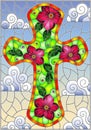 Stained glass illustration with Christian cross decorated with  pink flowers on blue sky background with clouds Royalty Free Stock Photo