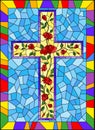Stained glass illustration with Christian cross decorated with pink roses on blue background in bright frame