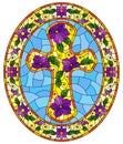 Stained glass illustration with  Christian cross decorated with  purple flowers on blue background, oval image in floral frame Royalty Free Stock Photo