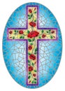 Stained glass Illustration with Christian cross decorated with red roses on blue background, oval image Royalty Free Stock Photo