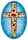 Stained glass illustration with  Christian cross decorated with red roses on blue background, oval image Royalty Free Stock Photo