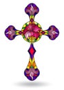 Stained glass illustration with Christian cross with pink flowers, isolated on a white background