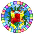 Stained glass illustration with a Christmas sock, ribbon and Holly branches on a blue background, round picture frame Royalty Free Stock Photo