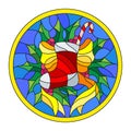 Stained glass illustration with a Christmas sock, ribbon and Holly branches on a blue background, round picture frame