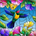 Stained glass illustration with colorful Hummingbird on background of the sky ,greenery and flowers Royalty Free Stock Photo