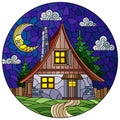 Stained glass illustration with a cozy rustic house on the background of fir trees, cloudy sky and moon, round image Royalty Free Stock Photo