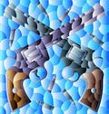 A stained glass illustration with crossed revolvers and bullets on a blue background