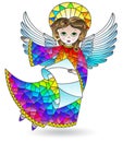 Illustration in a stained glass style with a cute cartoon angel with scroll, coloured figure isolated on a white background Royalty Free Stock Photo