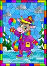 Stained glass illustration with a cute cartoon bull on skates against a winter landscape, a rectangular image in a bright frame