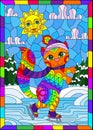 Illustration in the stained glass style a cute cartoon cat on skates against a winter landscape, a rectangular image in a bright