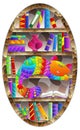 Stained glass illustration with a cute cartoon cat sleeping on bookshelves, oval image