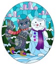 Illustration in the stained glass style with a cute cartoon kitten and a snowman against a winter landscape, oval image