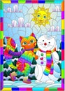 Stained glass illustration with a cute cartoon kitten and a snowman against a winter landscape, a rectangular image in a bright fr Royalty Free Stock Photo