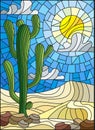 Stained glass illustration with desert landscape, cactus in a lbackground of dunes, sky and sun